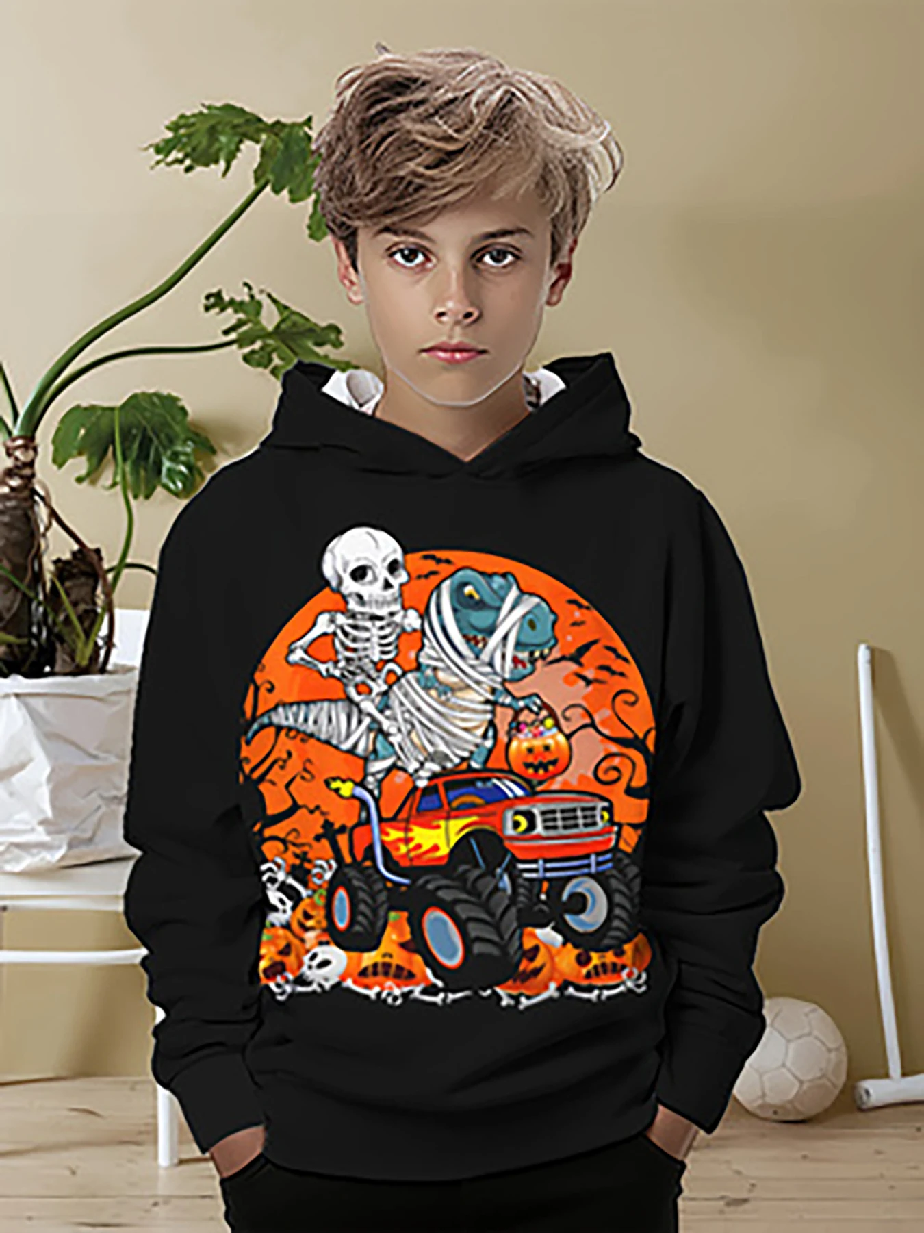 Fashionable summer children's hooded sweatshirt, skull head riding dinosaur driving bike slightly elastic knitted pullover suita