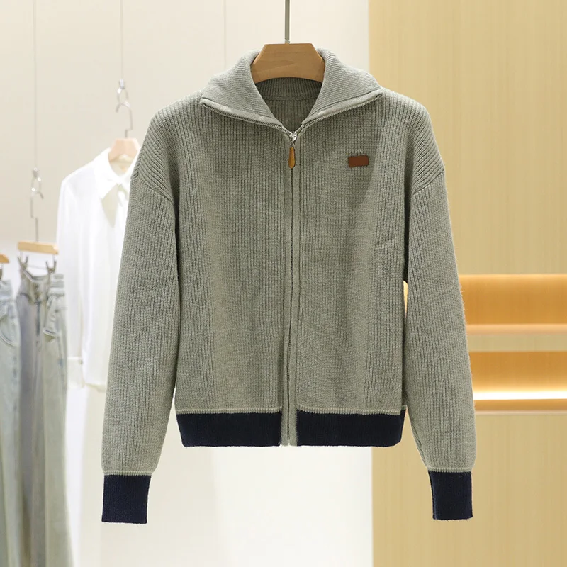 Sweter rozpinany damski, dzianinowy, wyszczuplający, modny, z blokami kolorów, odzież wierzchnia zimowa, do pracy, długi rękaw, zapinany na zamek.