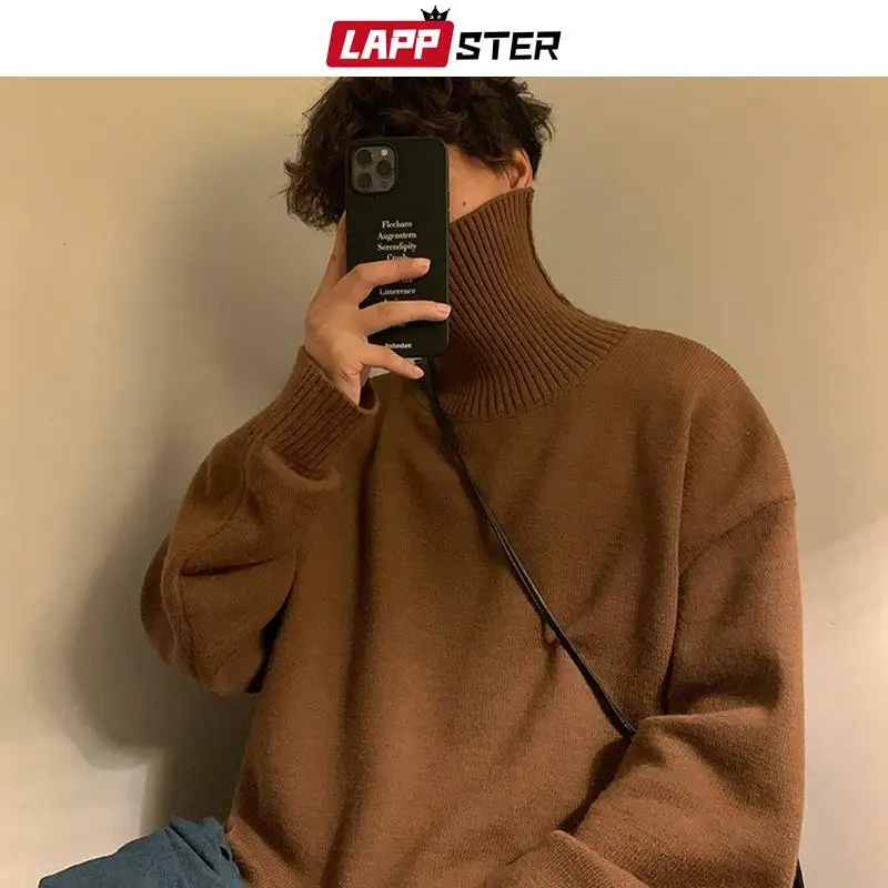 LAPPSTER Men Colors Harajuku Turtleneck Sweaters 2023 Mens Black Korean Fashion Knitted Sweater Pullovers Vintage Casual Sweater