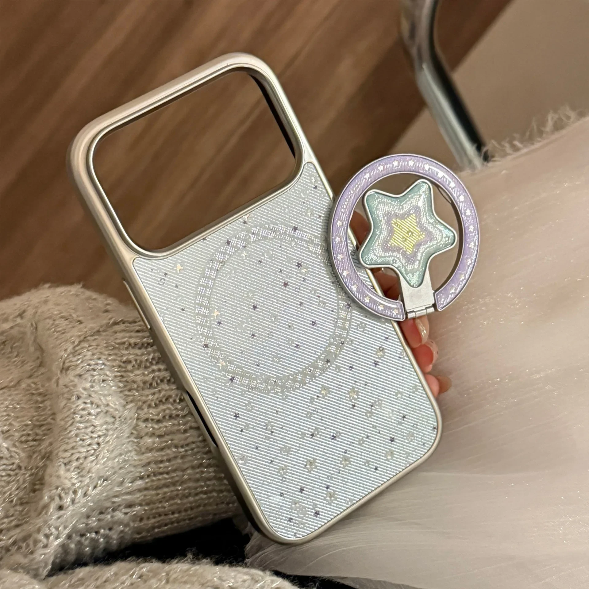 Korean Blue Stars With Fold Stars Magnetic Bracket Phone Case For iPhone 17 Air 16 15 14 13 11 12 Pro Max Shockproof Hard Cover