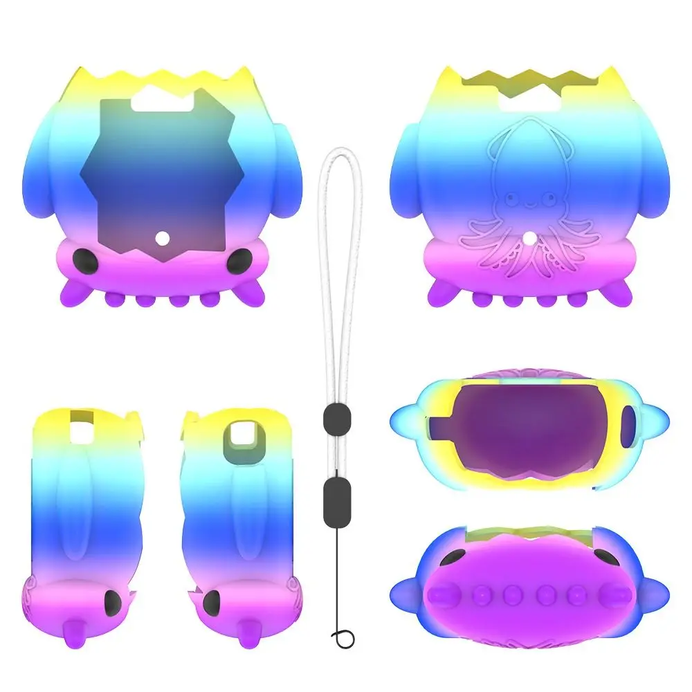 حافظة واقية لوحدة التحكم في الألعاب من السيليكون على شكل حبار كرتوني مع غطاء جلدي بحبل تغطية كاملة لـ Tamagotchi Paradise