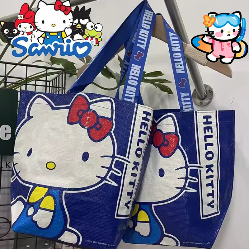 Sanrio Handbag Hello Kitty Cute Shoulder Shopping Bag Environmentally Friendly Hand-held Woven Learning Kawaii Storage Bag Gifts