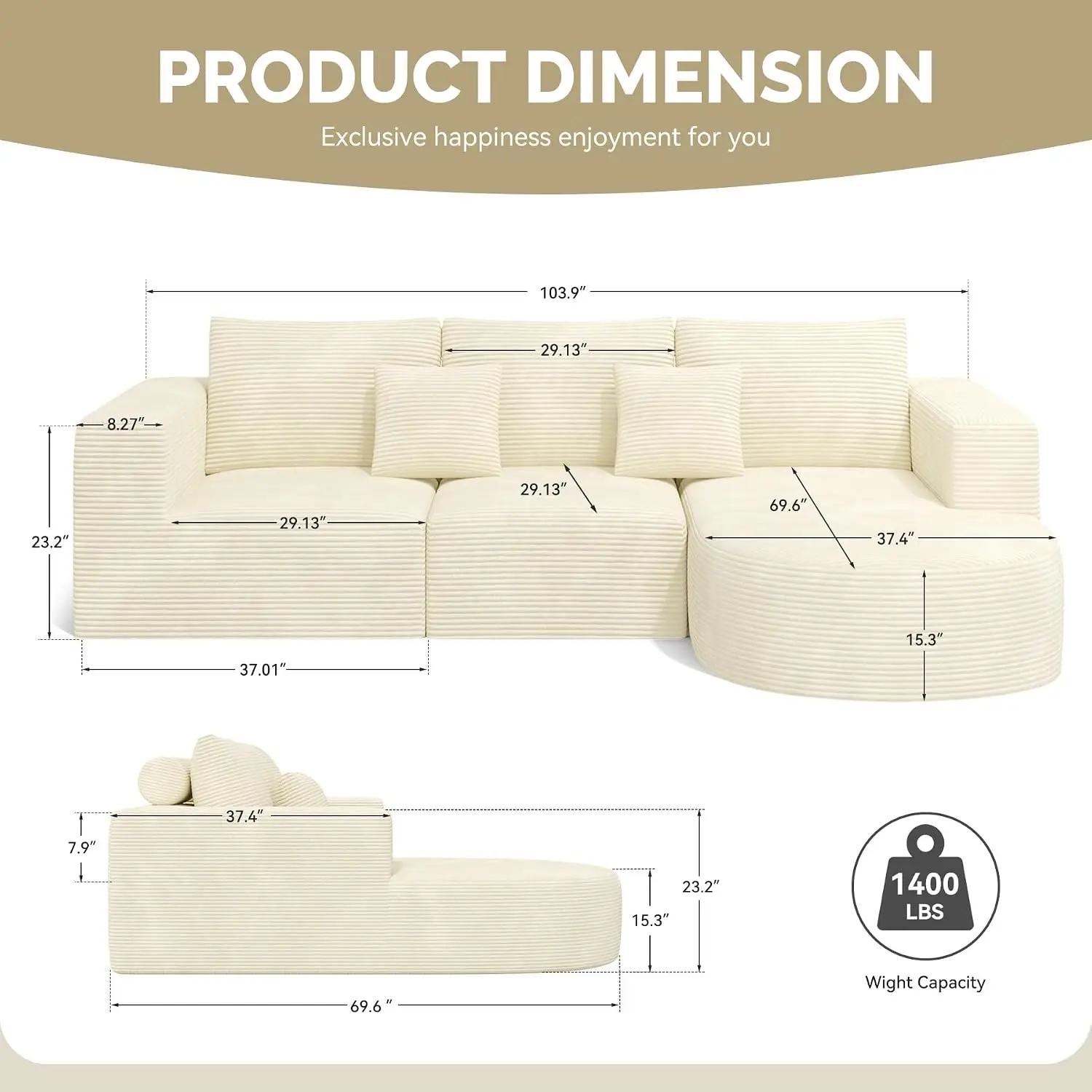 Boneless Couches for Living Room,Cloud Sectional Couch with L-Shape Chaise,Modern Modular Sofa with Deep Seat, Customized