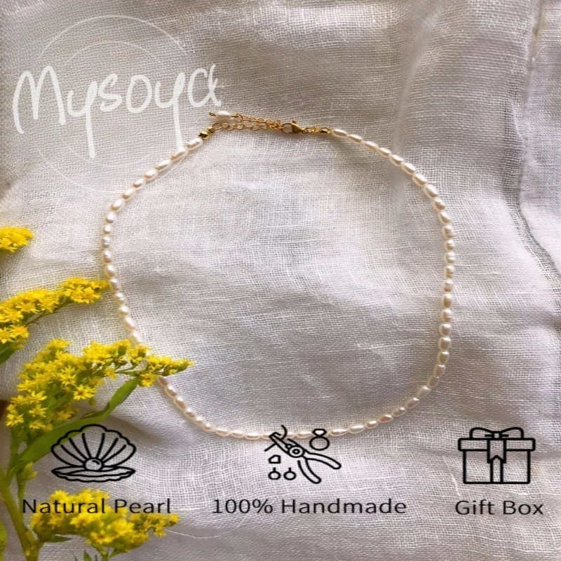 

MYSOYA Handmade White Rice-shaped Freshwater Pearl Necklace 3-4mm With Gift BoxFor Her/Him Birthday/Wedding/Christmas/New Year