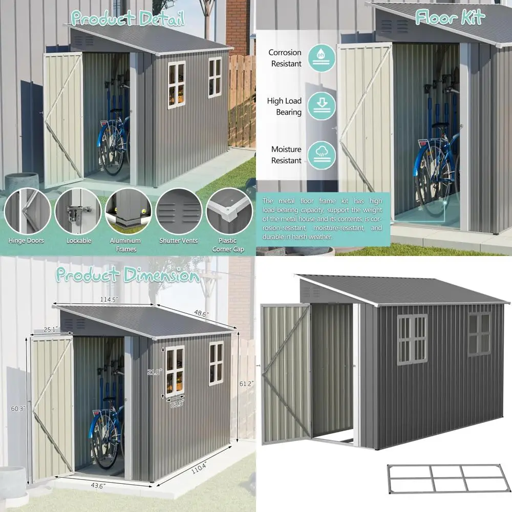 

Металлический уличный навес размером 10 x 4 фута с полкой, отклонением до дизайна, 2 окна, идеально подходит для хранения садовых инструментов и велосипедов