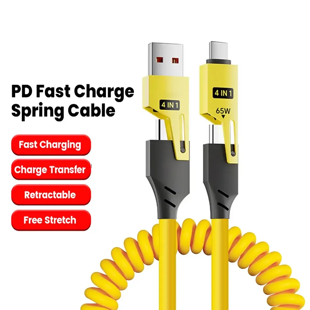 PD 65W Spring Telescopic 4 in 1 Data Cable Short USB C to Type C Fast Charging Cable for iPhone iPad MacBook Samsung & More 1.2m