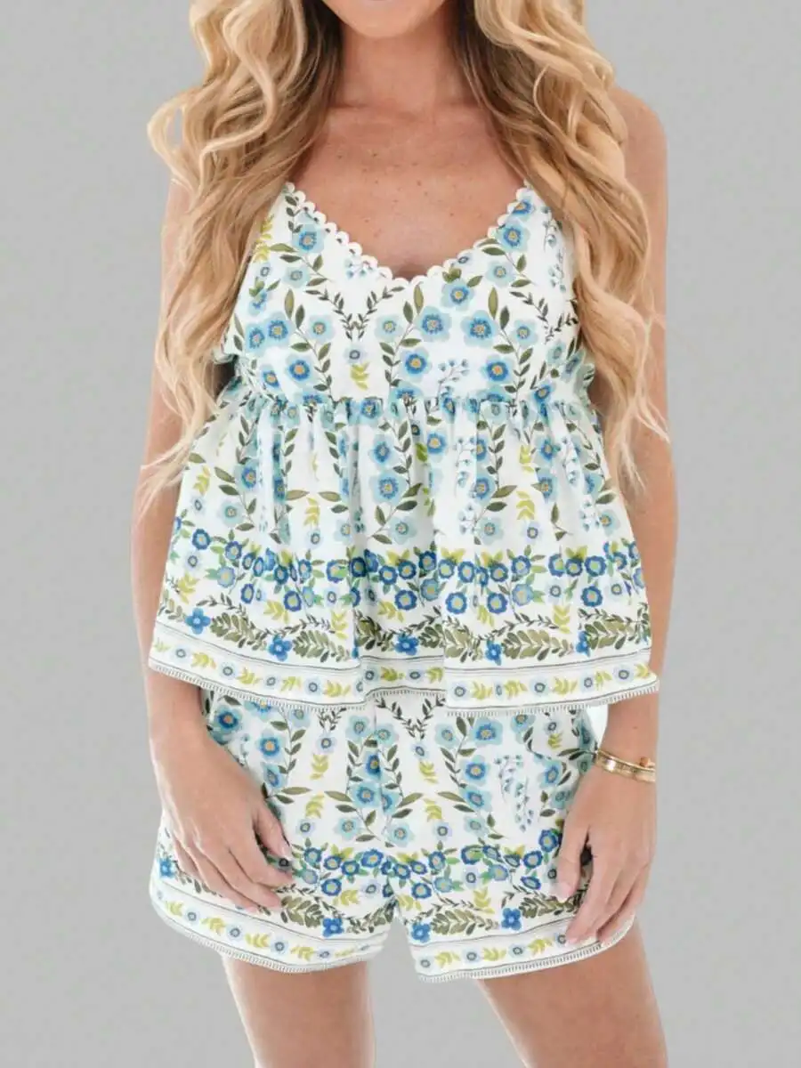 

Women Floral Print 2 Piece Lounge Set Sleeveless Deep V Neck Tank Top And High Waist Shorts Summer Loose Sleepwear