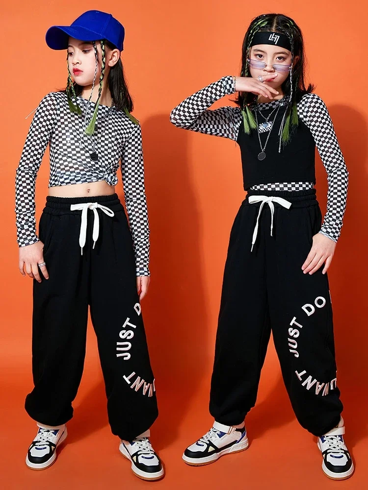 Tops Cargo Pants Tooling Modern Dance Performance Wear 2024 Kids Hip Hop Costume For Girls Kpop Jazz Dance Clothes Plaid