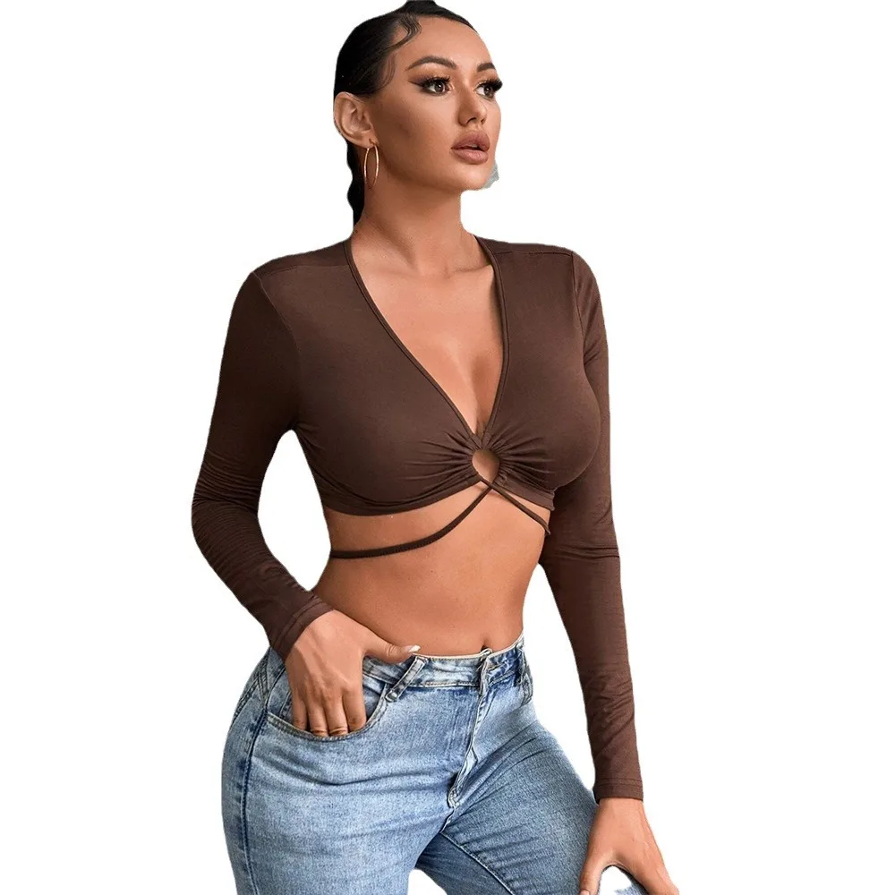 

Sexy Hollow out Slim Fit Women's T-irt Crop Top V-Ne Versatile Faionable Breathable Polyester Spring Summer Knitted Swe...