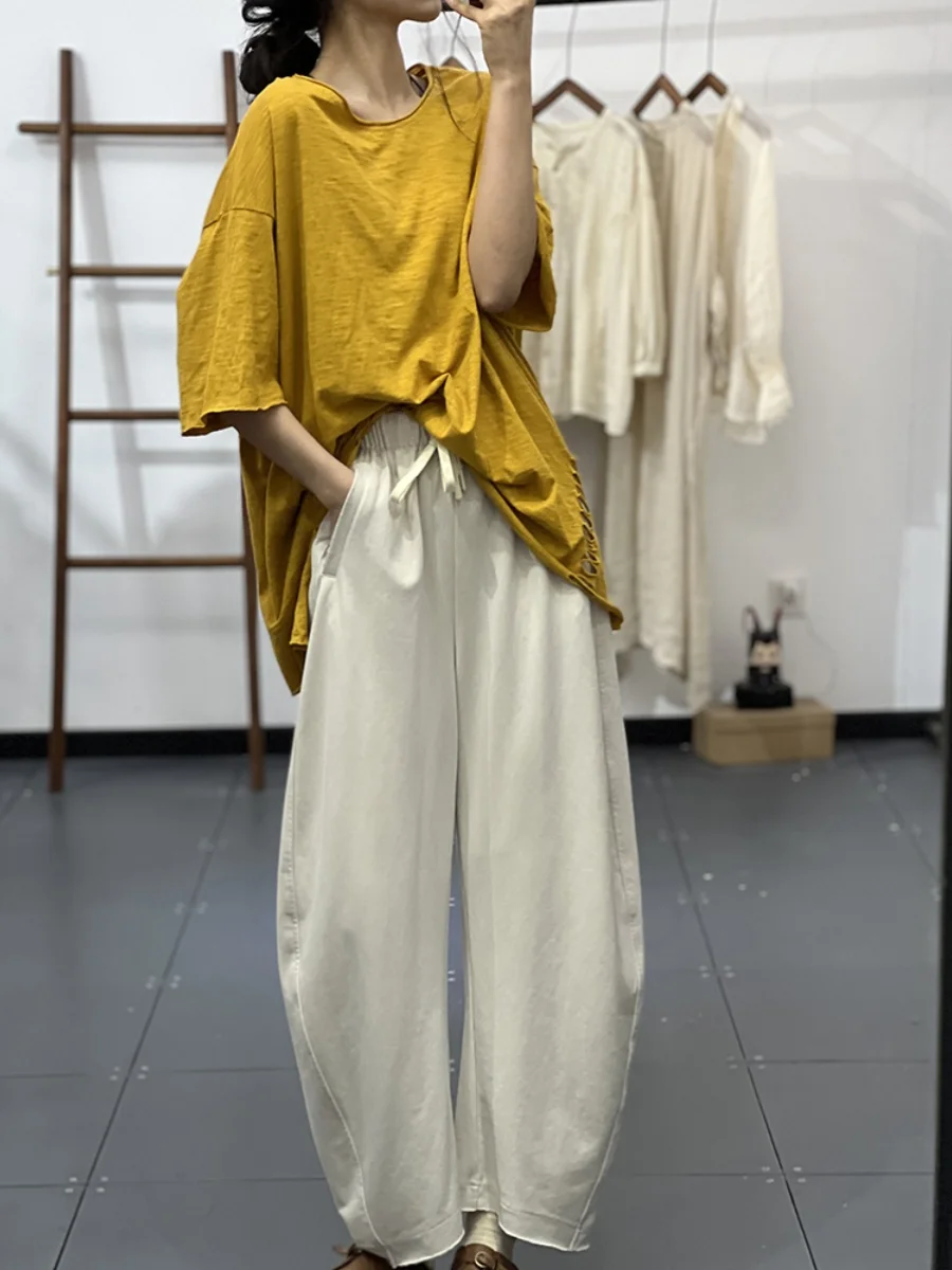 

Loose Fit Bamboo Rayon ort Sve Women's T-irt mid Length Open Slit Slimming Effect Summer Faion Casual round Ne