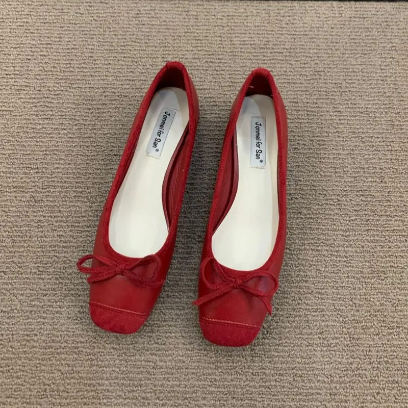 Fashion Elegant Red Ballerinas Women Pumps Slip on Loafers Round Toe Square Heels Bowknot Casual Spring Autumn Low Heel Shoes