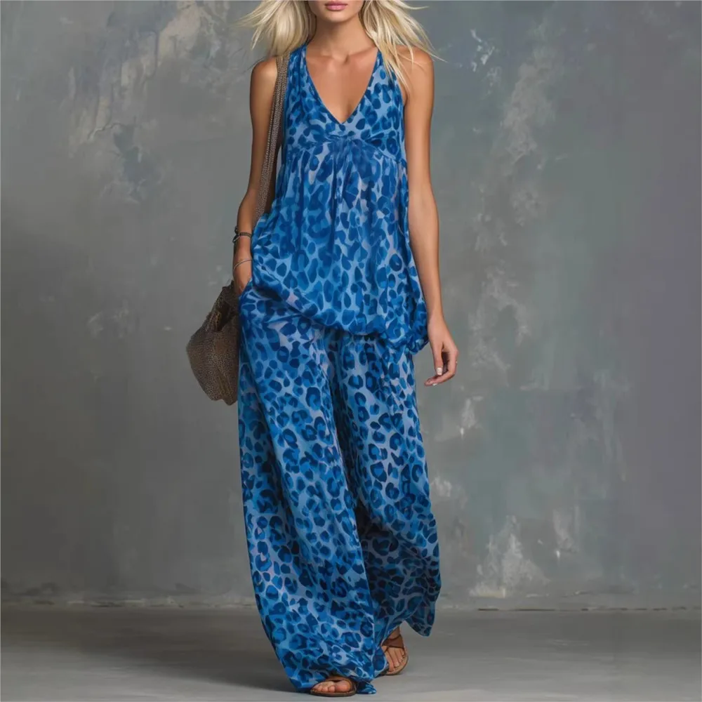

Leopard Print Sleeveless Top Printed Trousers Two-piece Summer Women's Sexy V-neck Fashion Loose Trousers Suit Костюм Женский