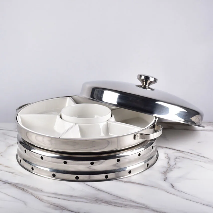 Stainless steel round six-frame rotating buffet stove hotel restaurant large capacity steel cover alcohol stove