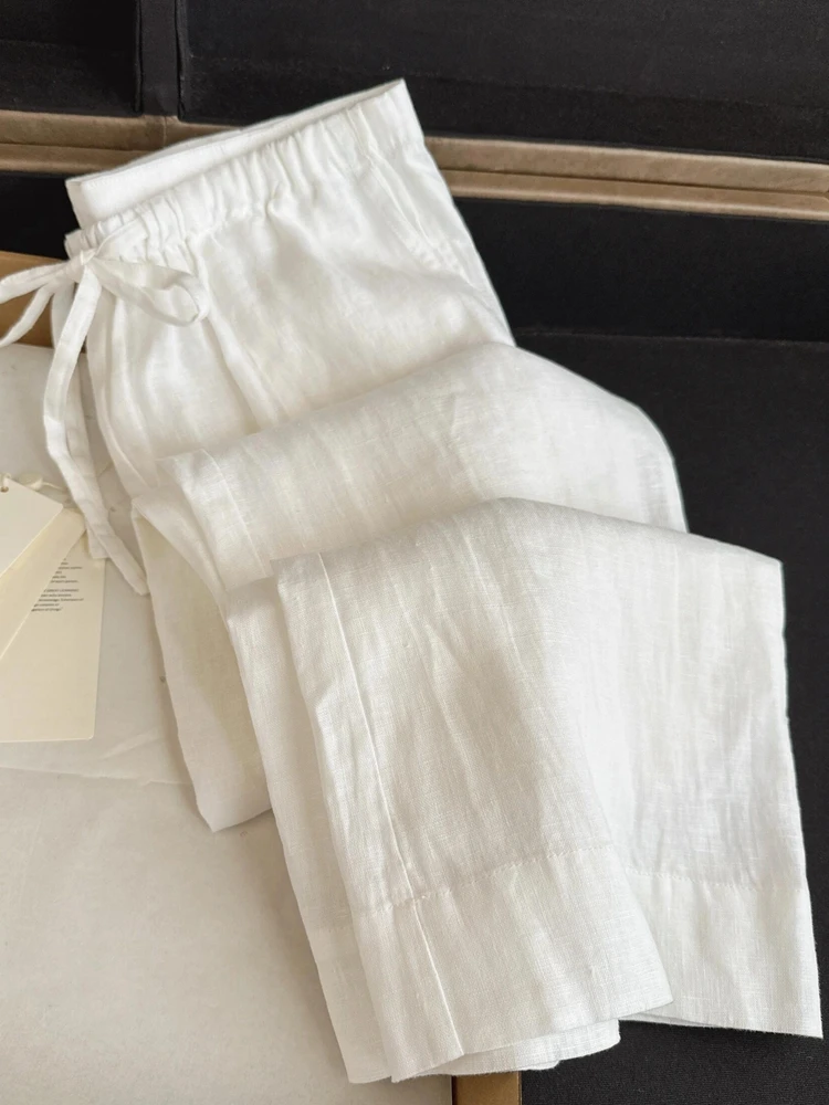 

High-End White Linen Wide Leg Pants Straight Cut Casual Drapey Cotton Linen Material Summer New Style Slimming Loose Fit