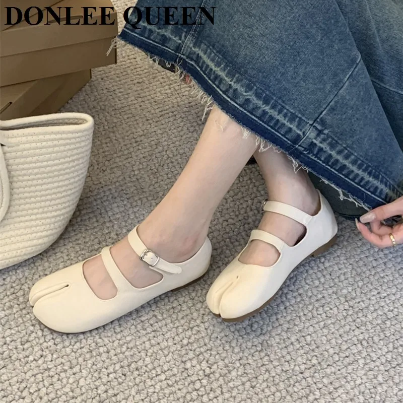 2023 Fashion Split Toe Flat Shoes Women Candy Color Shallow Mary Jane Shoes Square Toe Retro Ballerina Ankle Strap Sandals Mujer