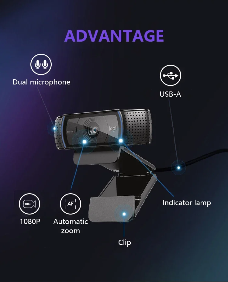 Logit-Webcam ech C920 HD 1080P Pro, annulation d'écran, appels vidéo statiques, caméra 15MP