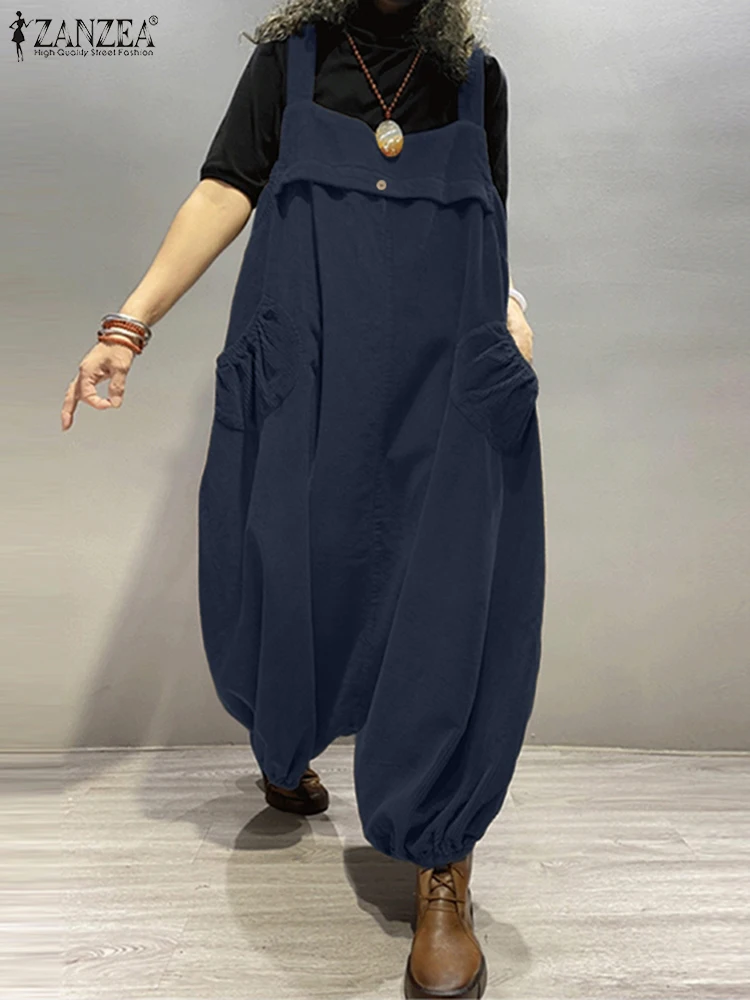 ZANZEA Streetwear Cord-Latzhose-Overalls für Damen, weites Bein, Hose mit tiefem Schritt, Overalls, 2023, Frühling, lockere, lässige Hosenträger-Strampler