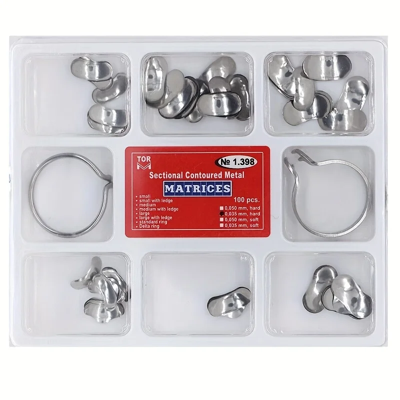 

100 шт. Стоматологические секционные матрицы, контурная система, металлические, для стоматологии, с кольцами для крепления полимерных материалов, автоклавируемые