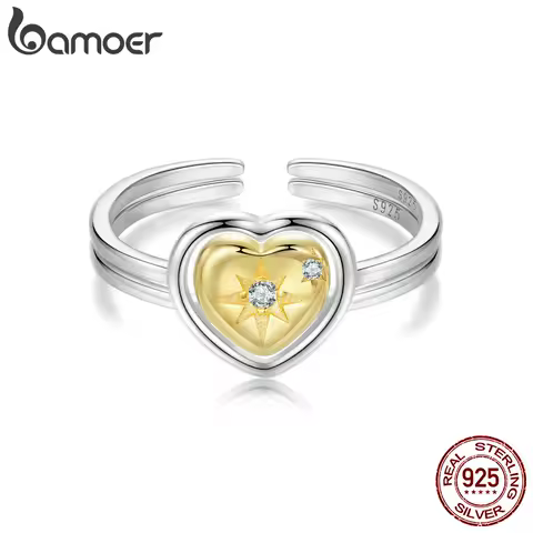BAMOER 925 Sterling Silver 18K Gold Plated Heart Open Ring White Gold Plated Stars Adjustable Ring for Women Fine Jewelry Gift