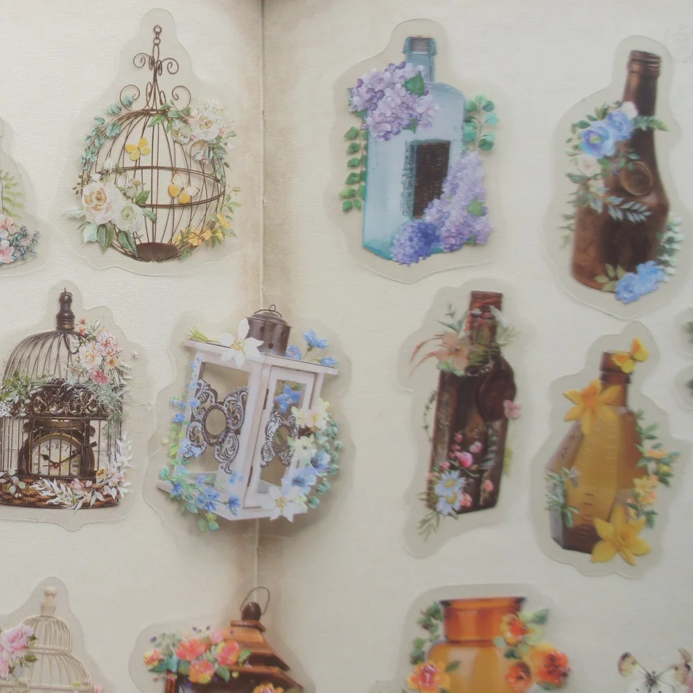 28pcs Keep Flower In Bottle Street Lamp Birdcage Style Sticker Scrapbooking DIY Gift Packing Label Decoration Tag