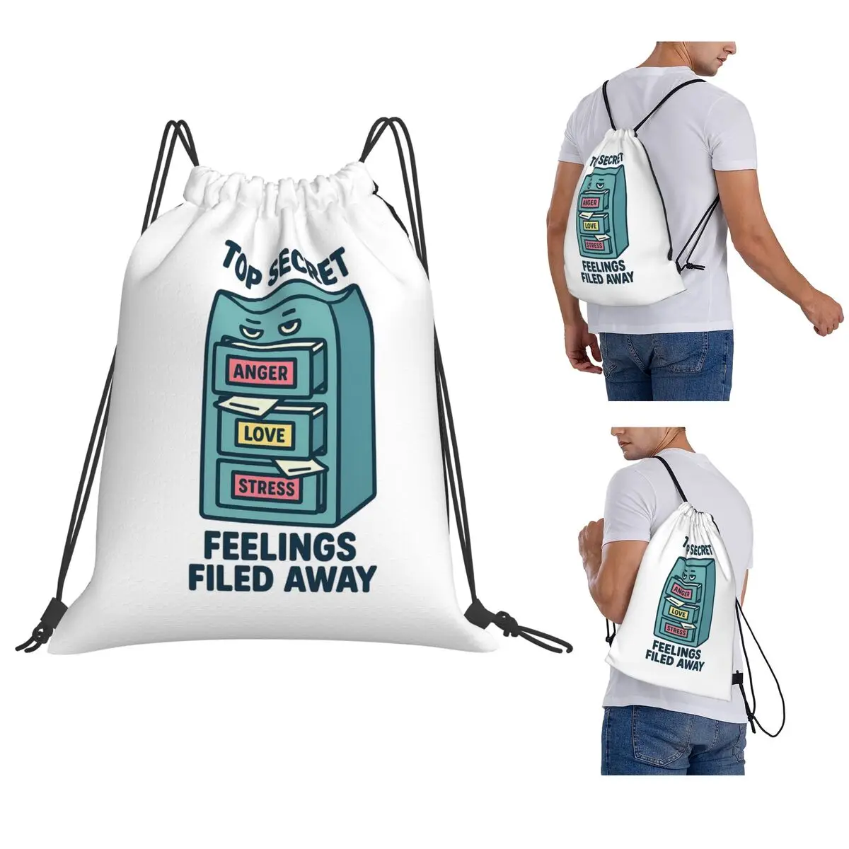 Top Secret Feelings Filed Away Emotional Humor Backpacks Fashion Drawstring Bags Sports Bag Book Bags for Travel School