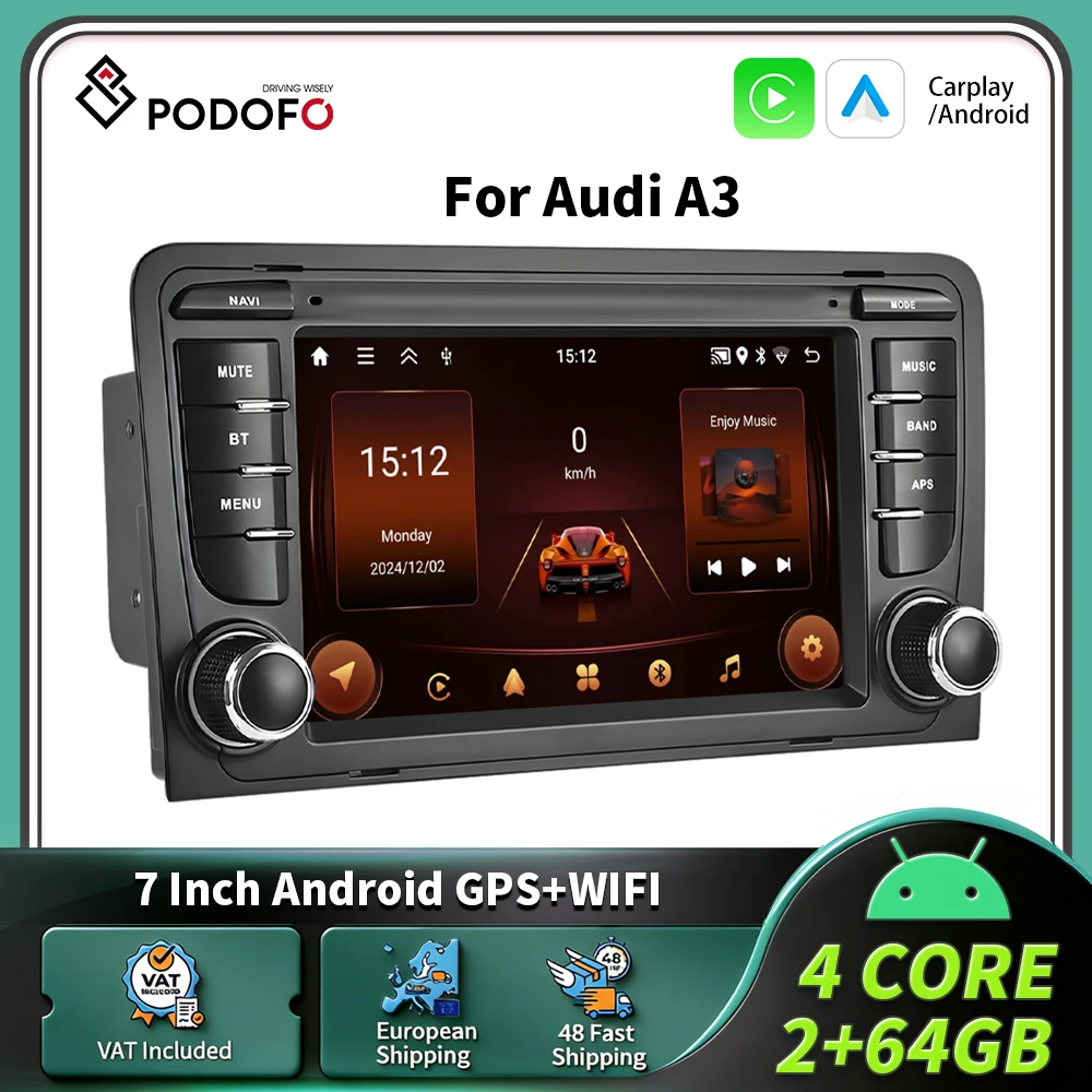 Podofo 7-Zoll-Carplay-Android-Autoradio für Audi A3 8P 2006-2012 S3 RS3 Sportback, intelligentes 2-DIN-GPS-RDS-Autoradiosystem