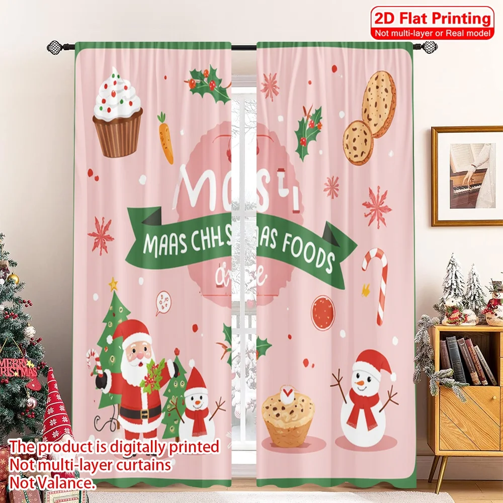 

2pcs 2D flat printing Merry Christmas Party Curtains Cute Christmas Food Icons Polyester Fabric Without Electricity Spring
