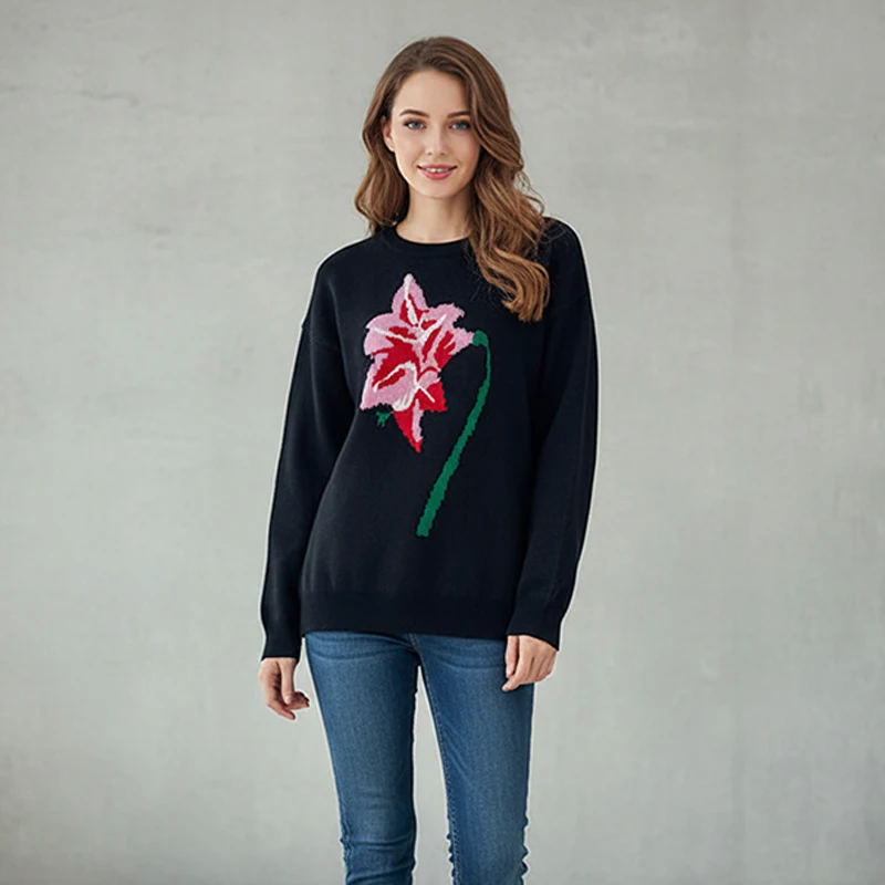 

Autumn Thickened Oversized Black Flower Printed Sweater Round Neck Long Sleeve Knitted Pullover Casual Warm Women's Clothing