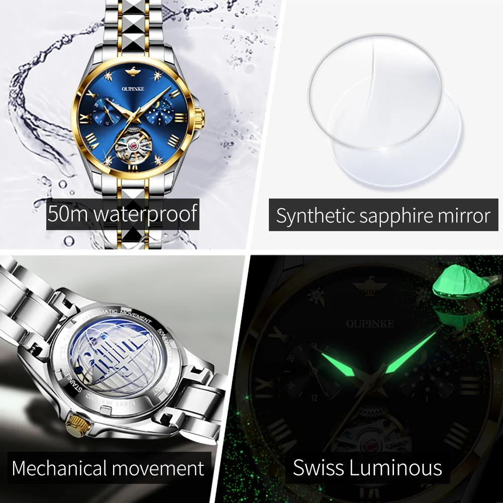 OUPINKE 3202 Women Watch Luxury Hollow Automatic Mechanical Watch Roman Scale Waterproof Moonphase Brand Business Women Watch