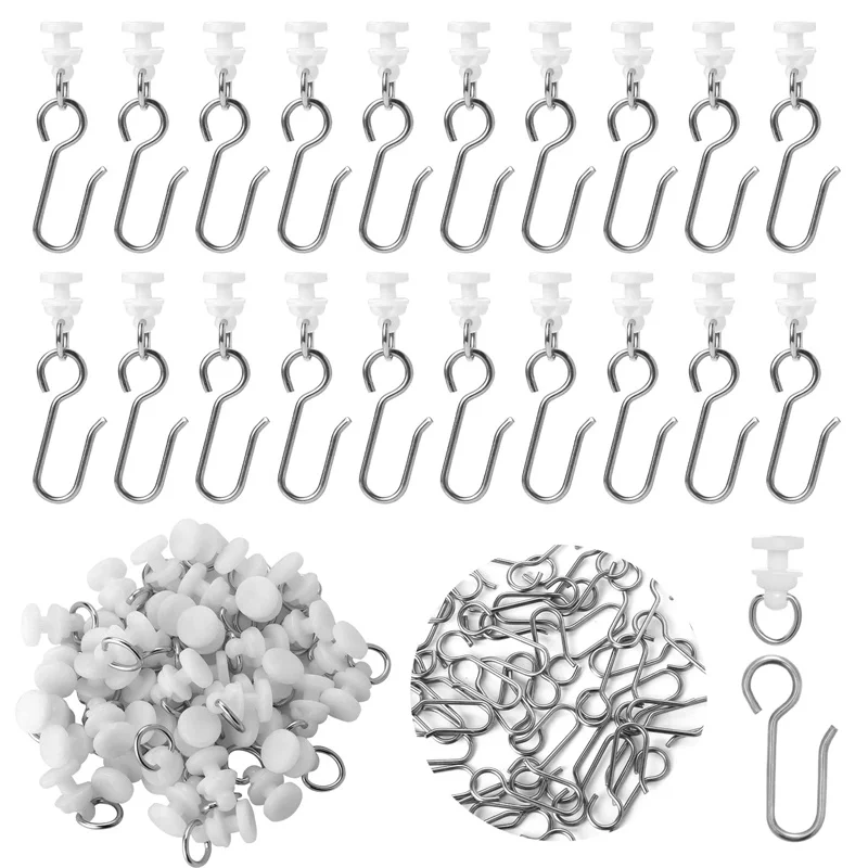 50Pcs Metal Curtain Track Hooks S Shaped Small Curtain Hooks Ceiling Curtain Track Hooks and Plastic Gliders Track Rollers for