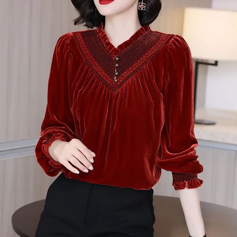 

Женская футболка с длинными рукавами в стиле ретро, пальто, осенние женские повседневные рубашки большого размера 4XL, женские дизайнерские топы с v-образным вырезом, золотые бархатные топы