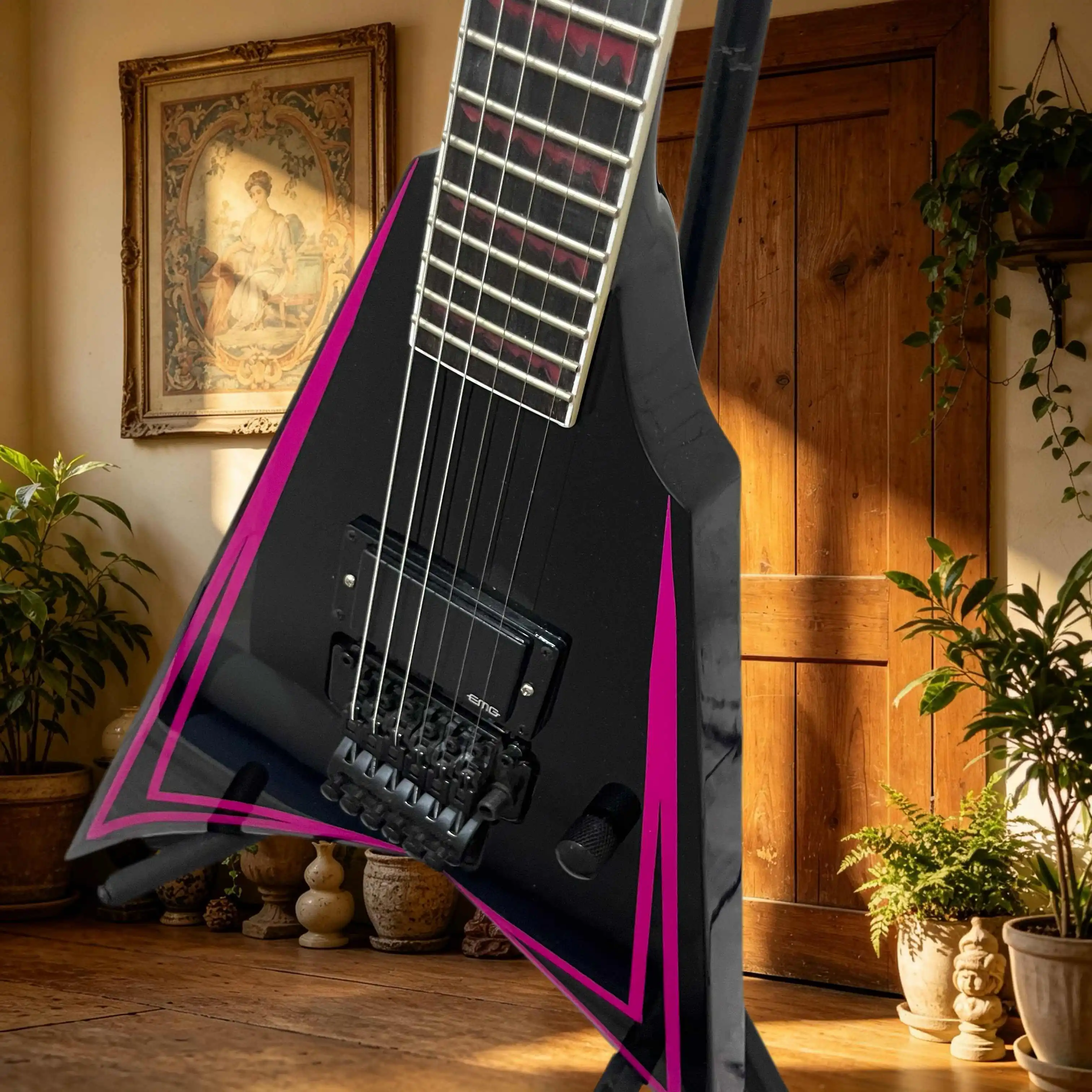 Electric Guitar Black Pink Lines V-shaped Double Rocking Maple Neck 22 Grade Niche Dark Collection Scarce Item Free Shipping