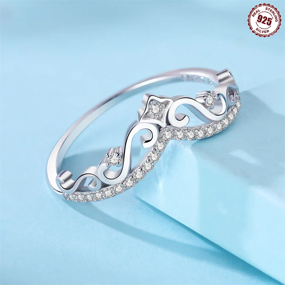 Anillo de Plata de Ley 925 para mujer, corona delicada, anillo de circonita brillante, joyería artesanal, joyería de compromiso, regalos de boda