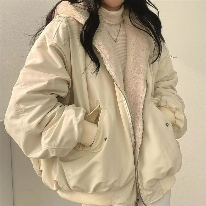 Fleece Thickened Double-sided Lambskin Cotton-padded Women's Jacket 2026 Winter New Style Zipper Hooded Cotton-padded Coat Top