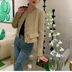 여성용 라운드넥 카디건, 레트로 단추 포켓 스플라이싱, 루즈 캐주얼, 다용도 긴 소매 짧은 코트, 단색 패션, 가을 신상