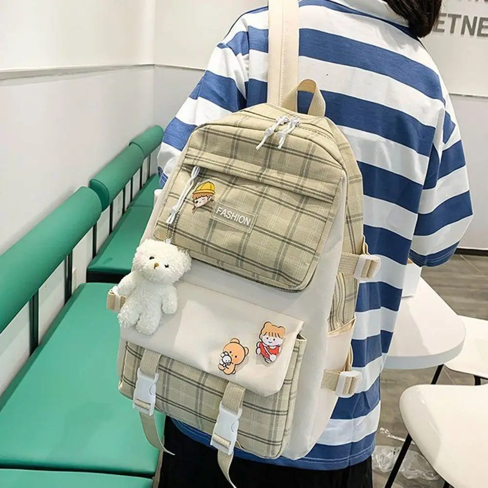 5Pcs/Set Large Capacity Cute Plaid Backpack Korean Style Adjustable Straps Cartoon Shoulder Bag Commute Y2K Student School Bag