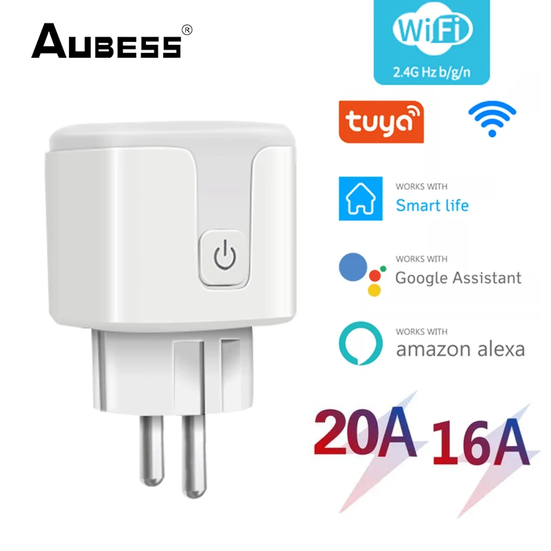 AUBESS Tuya 16/20A WiFi Smart Socket Wireless Remote EU Plug Energy Monitor Smart Home Timer Work With Alexa Google Alice