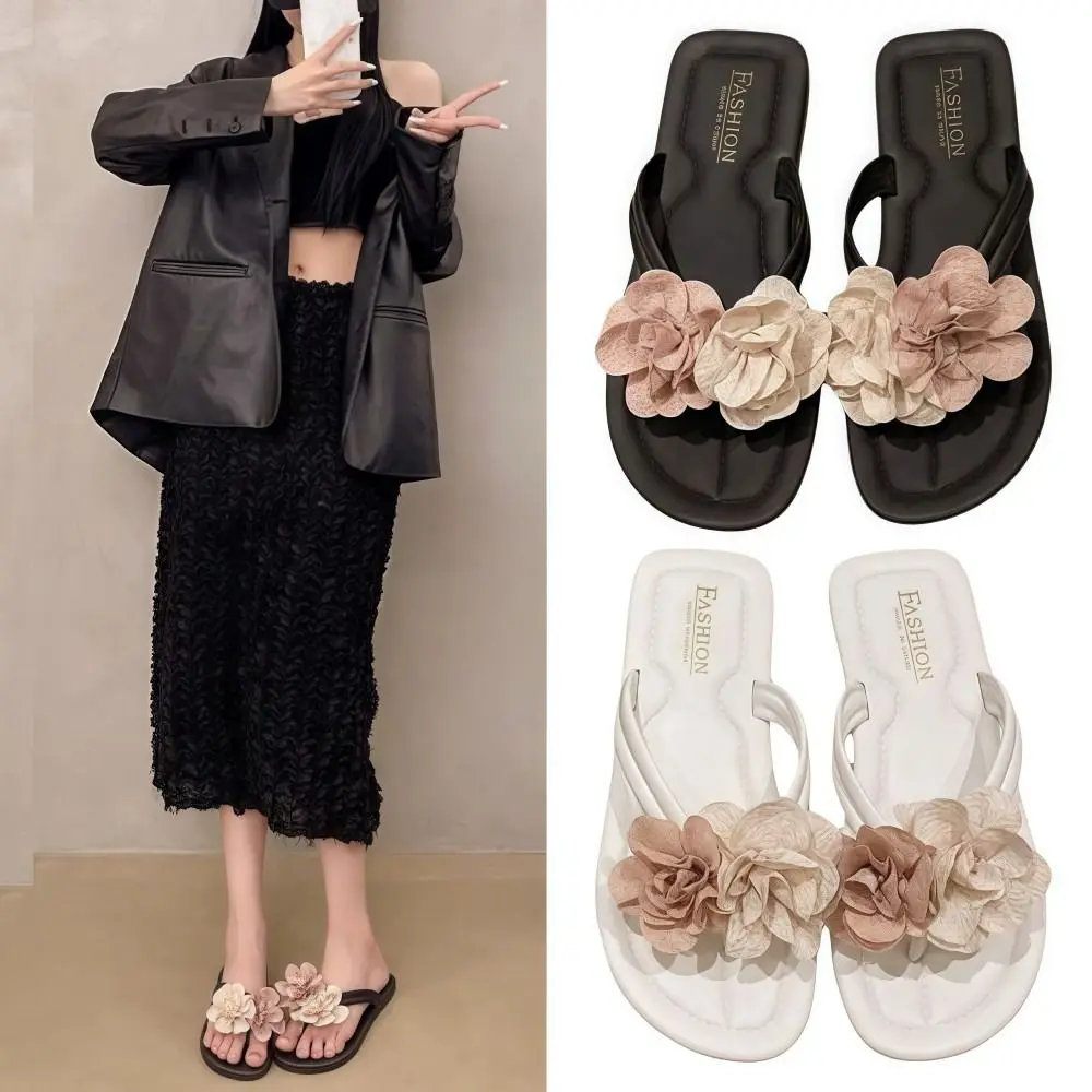 Chinese Style Women's Flip-flops Flowers Decor Non-Slip Flat Sandals Versatile Sweet Summer Beach Sandals Everyday Outfits