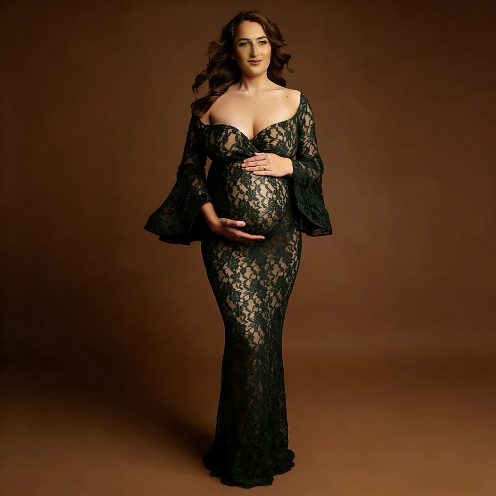 Maternity Photography Dress Dark Green Lace Off Shoulder Bell  Mermaid Pregnant Gown Soft Stretch Baby Bump Photoshoot Outfit