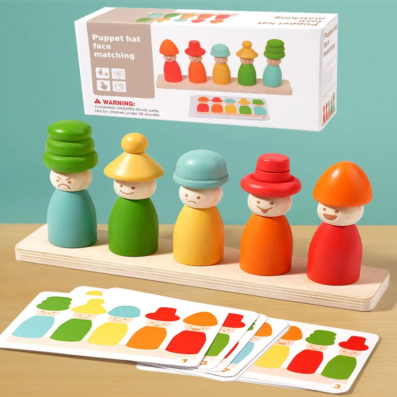 /brinquedos de classificação de cores montessoris brinquedos de aprendizagem precoce de madeira habilidades motoras finas chapéu de fantoche rosto jogo criativo empilhamento brinquedos para criança