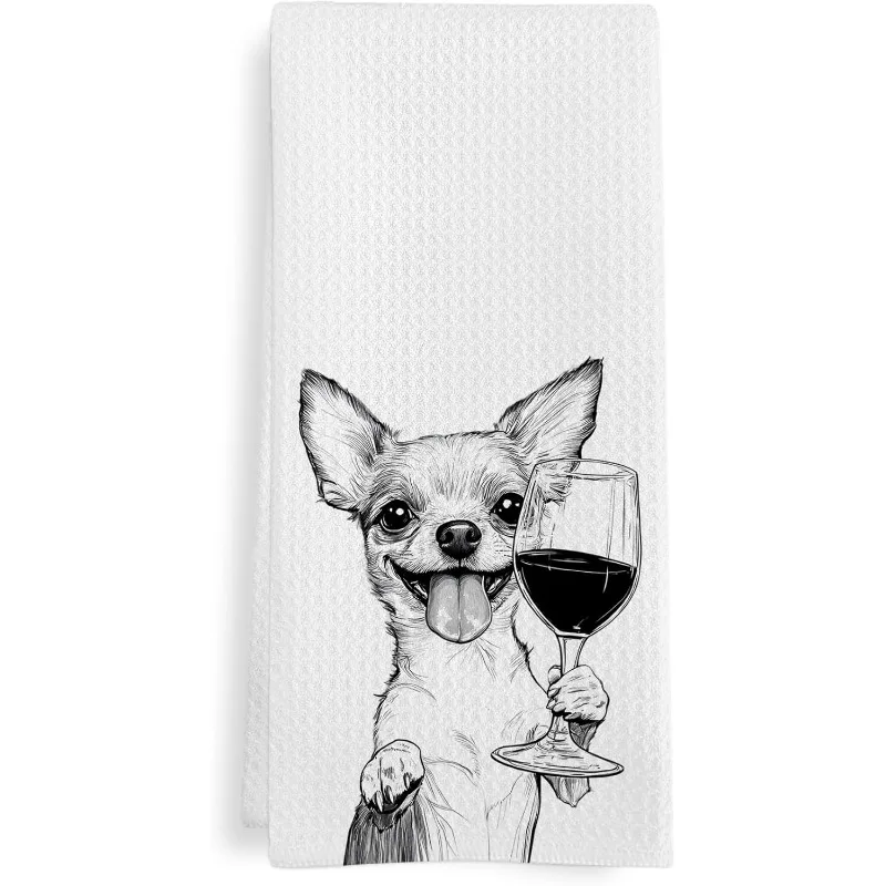 1pc Chihuahua Dog Wine Glass Printed Kitchen Towel, Soft Abs
