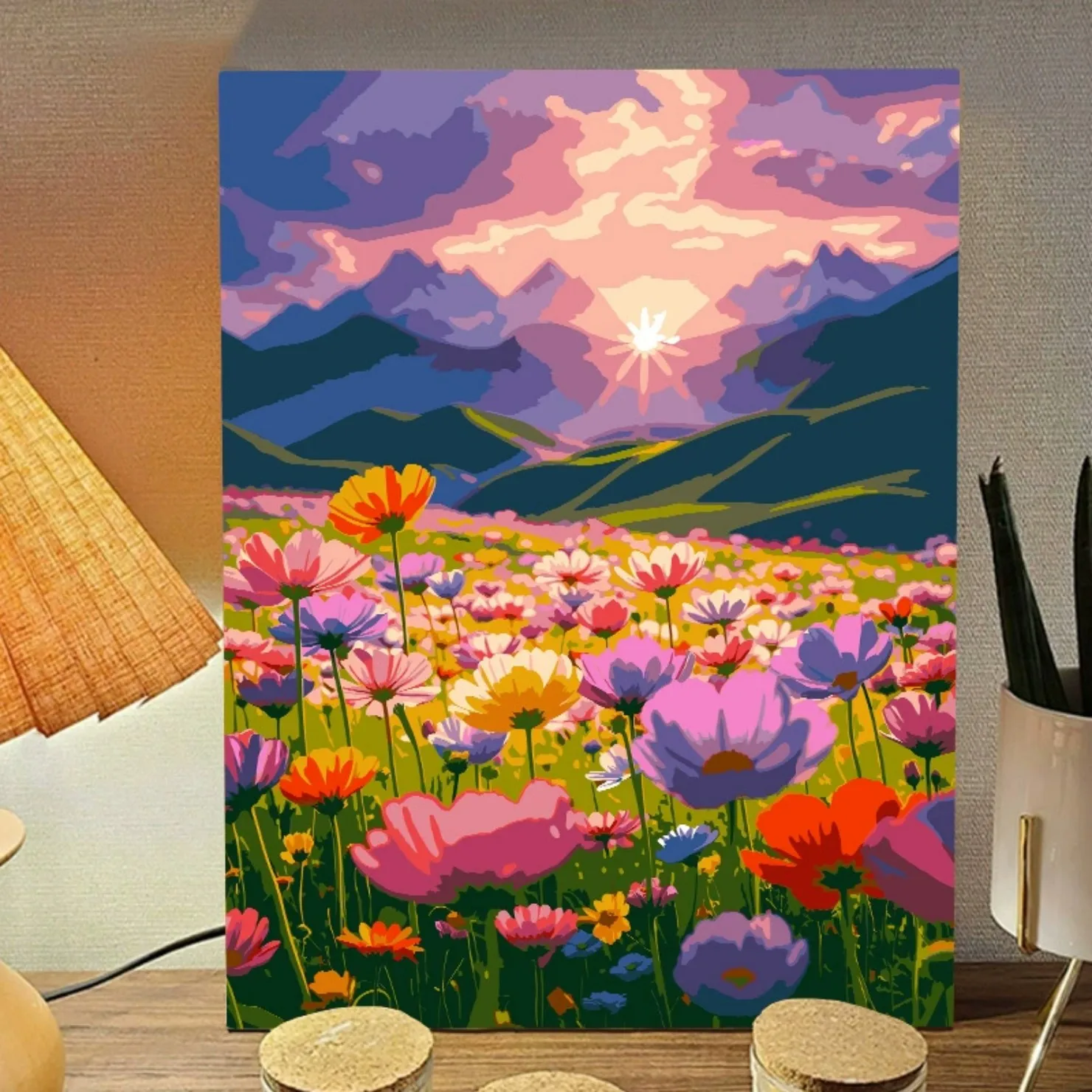 300050-Vibrant cosmos flowers stretch beneath mountain sunset