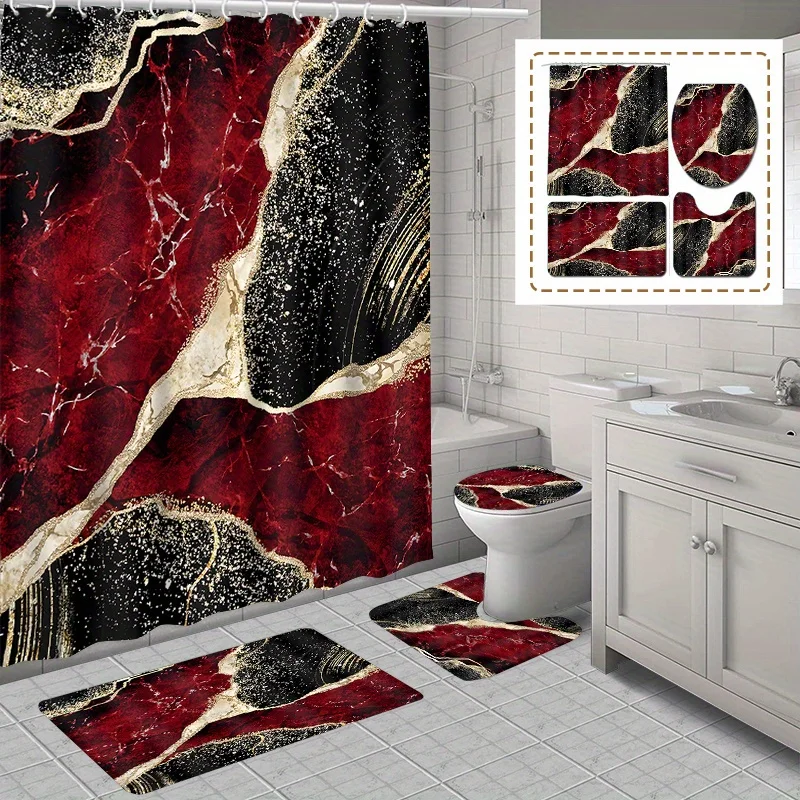 1/4pcs Luxury Marble Shower Curtain Set - Water-Repellent Shower Curtain with 12 Rust-Resistant Hooks, Slip-Resistant Bath Mat,