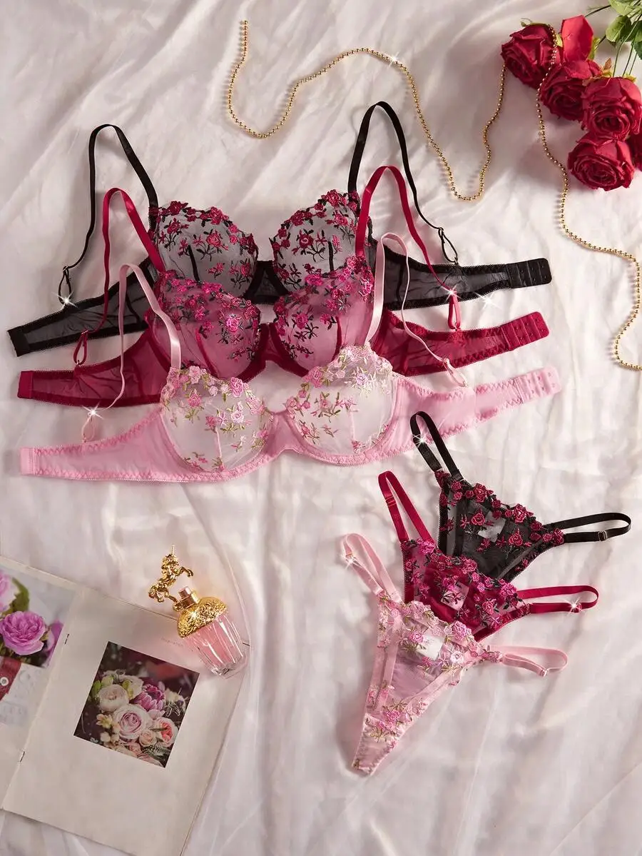 Floral Embroidered Lace Lingerie Set - 3 Piece Mix Color Bra & Panty