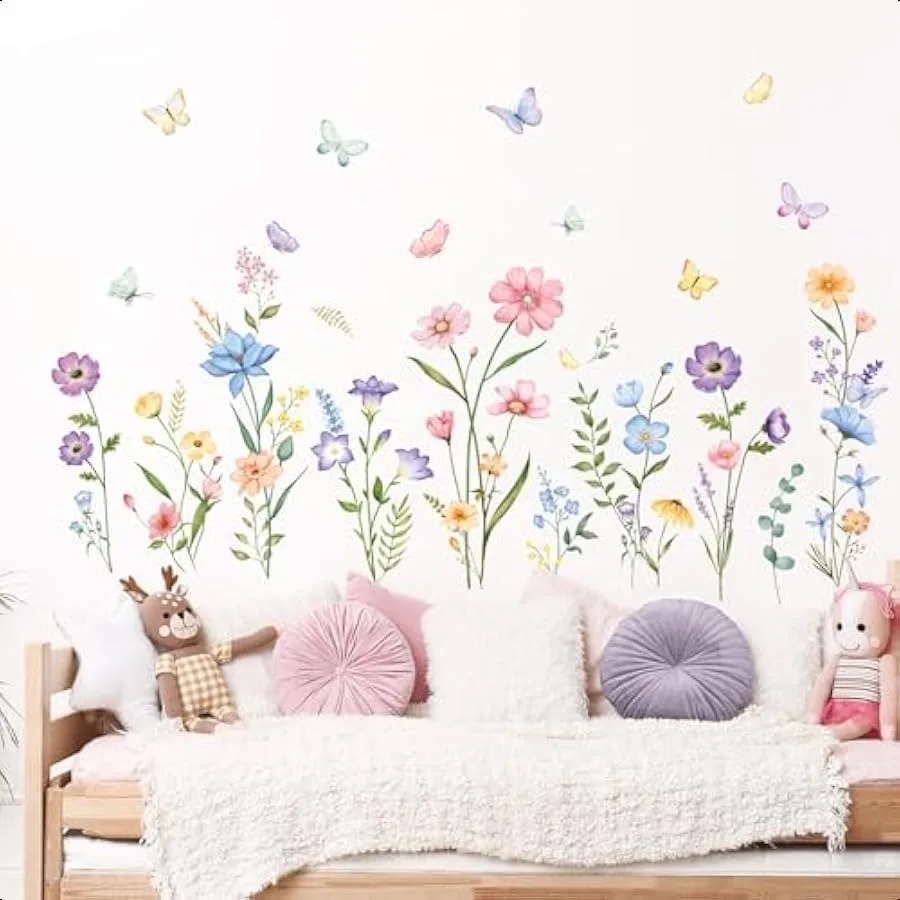 

Flower Wall Decals Watercolor Wildflower Grass Butterflies Wall Stickers Peel and Stick Wall Art Decor for Girls Bedroom Living
