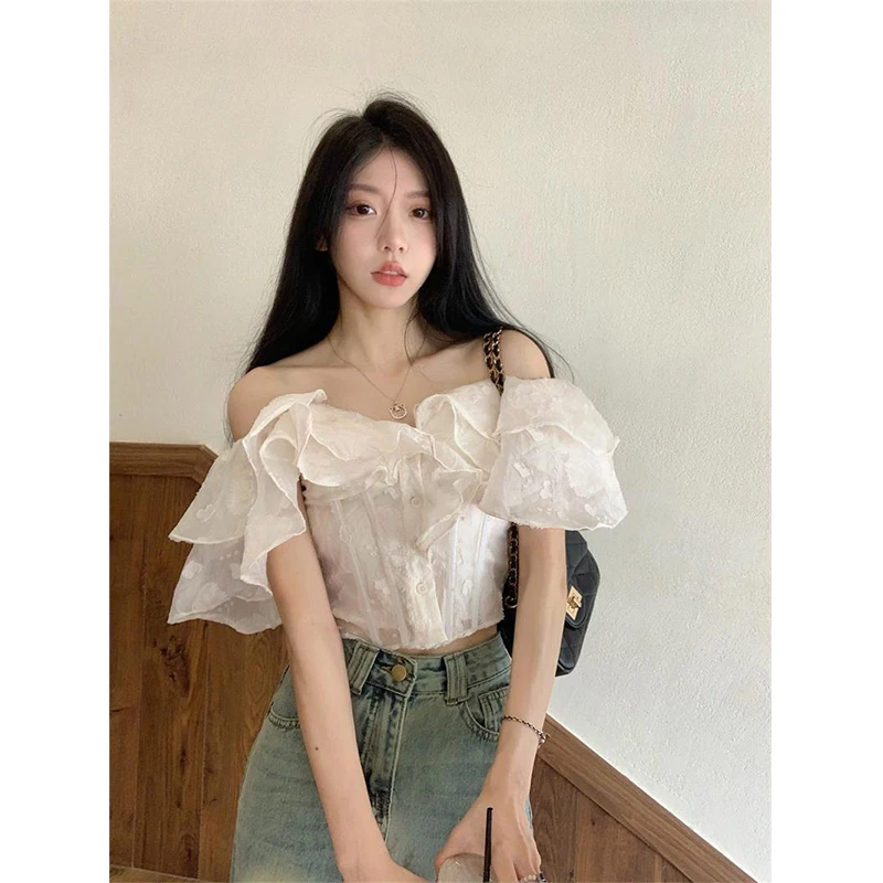 MEXZT Cropped Slash Neck Shirts Women Fashion Black Sexy Off Shoulder Blouses Summer Korean Office Ladies Elegant Slim Crop Tops