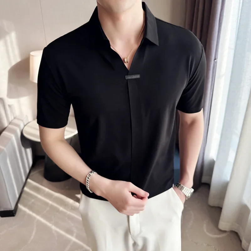 Elasticity Seamless Men Shirts Summer Short Sleeve Casual Slim Shirt Slim Business Social Dress Shirts Party Tuxedo Blouse 2023