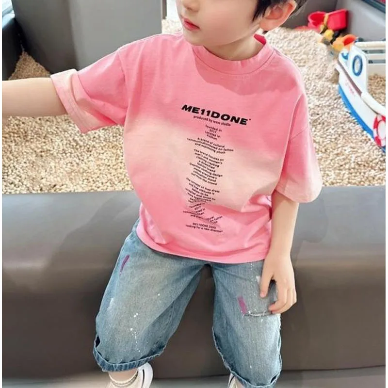 

2024 Summer New Boys Pullovers Crew Neck Gradient Casual Trendy Loose Comfortable Sweatshirts Short Sleeve Letter T-shirt Tops