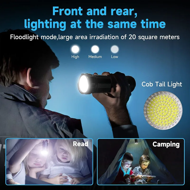 60W Laser Flashlight LED Rechargeable Super Bright Flashlight with COB Work Light Powerful Handheld Tactical Flashlight