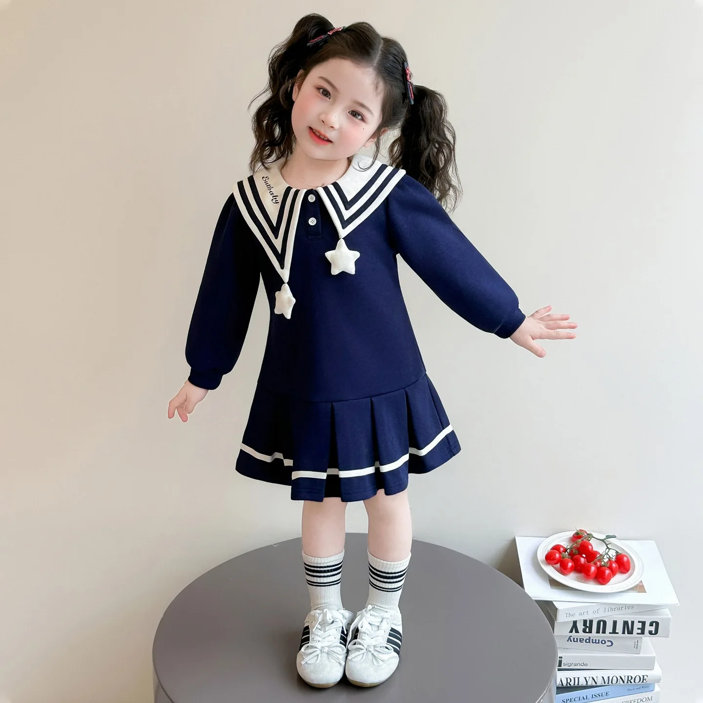 Girls Dress 2026 Spring New Korean Version Navy Collar Western-style Dress Casual Fashion Daily Temperament Wear